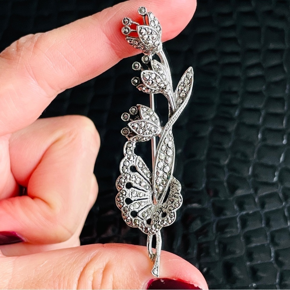 Vintage 800 Silver Flower Brooch Pin With Marcasites Signed 800 SE METALL